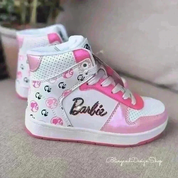 Bling Girls Barbie Pink High Top Sneakers Made with Black Crystals Girls Shoes - Picture 2 of 8